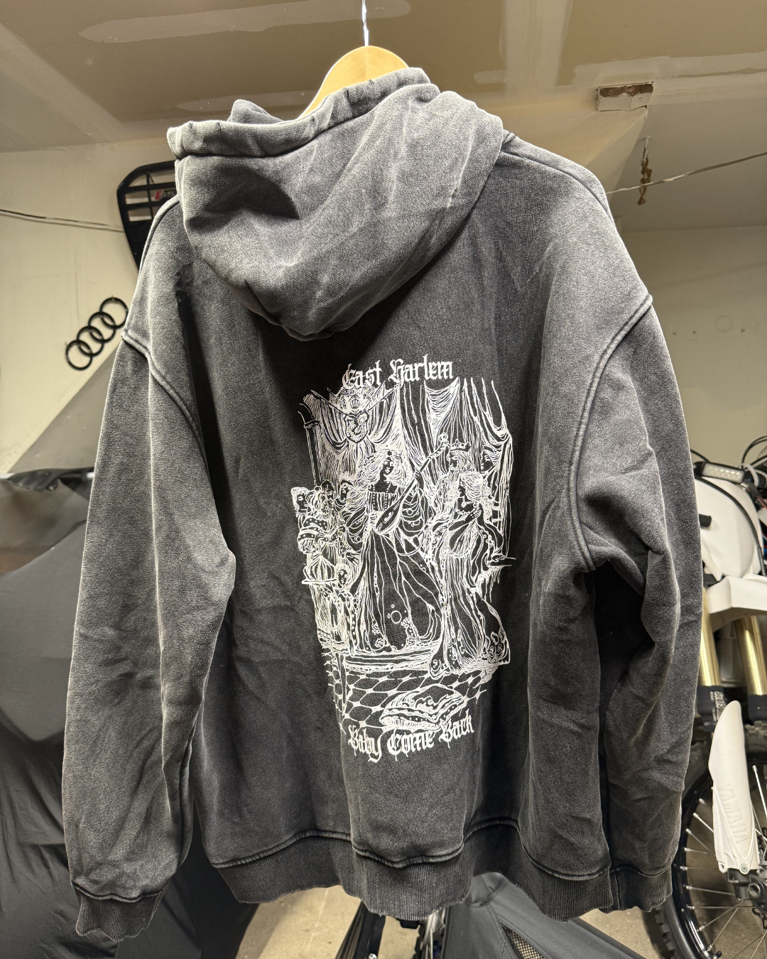 Illustrated Black Acid Wash Hoodie