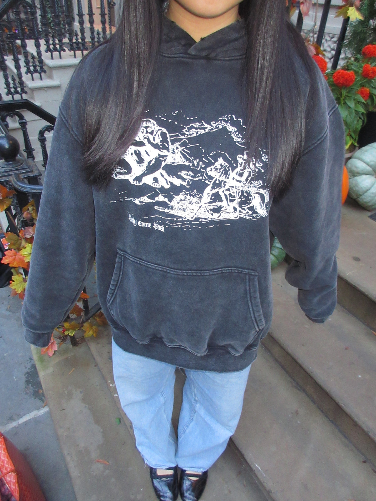 Illustrated Black Acid Wash Hoodie