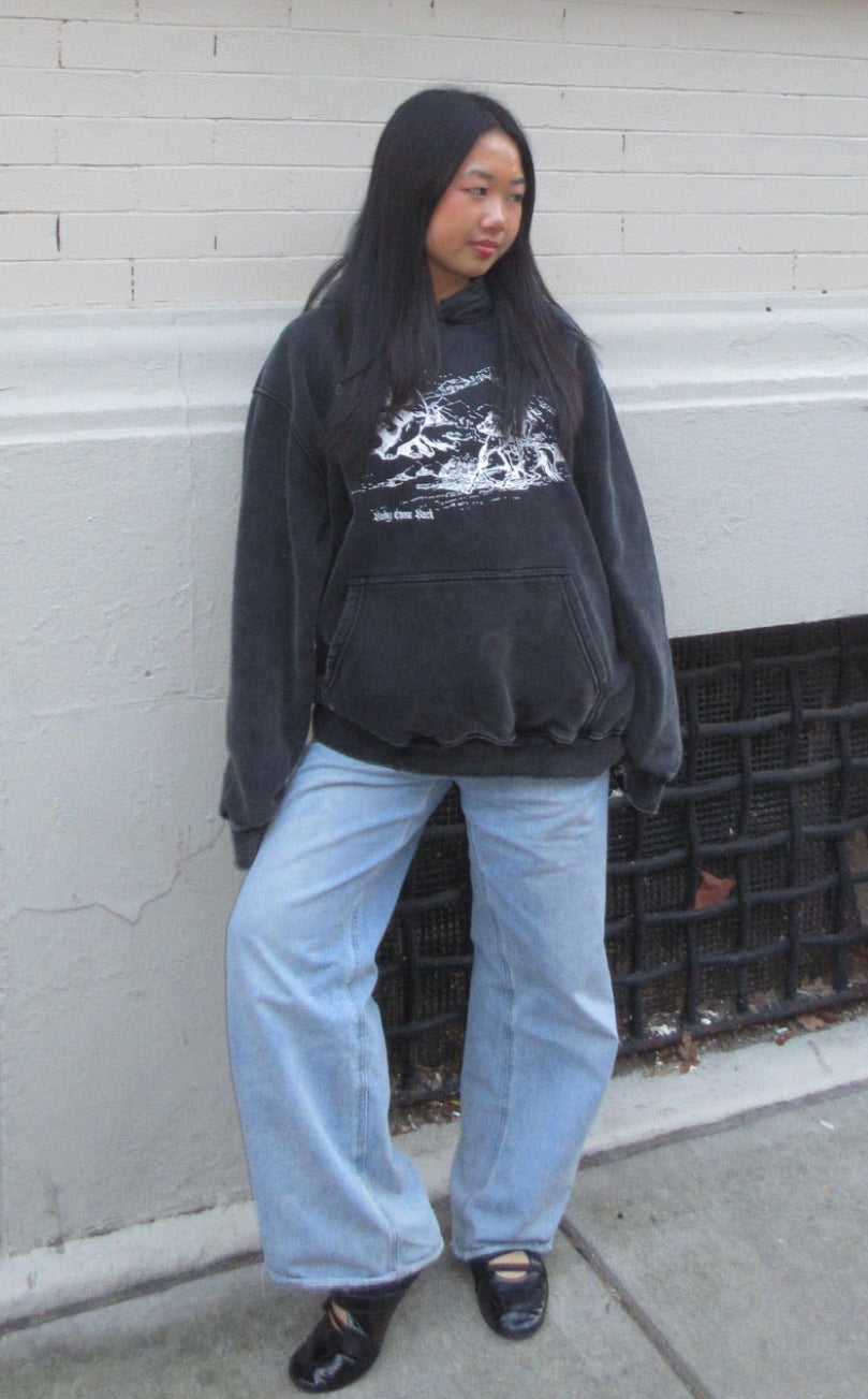 Illustrated Black Acid Wash Hoodie