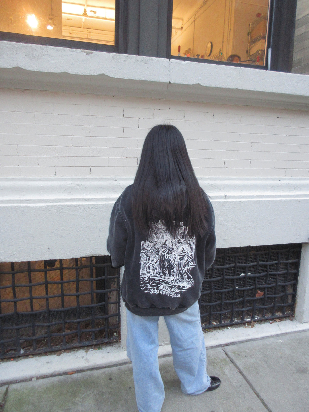 Illustrated Black Acid Wash Hoodie